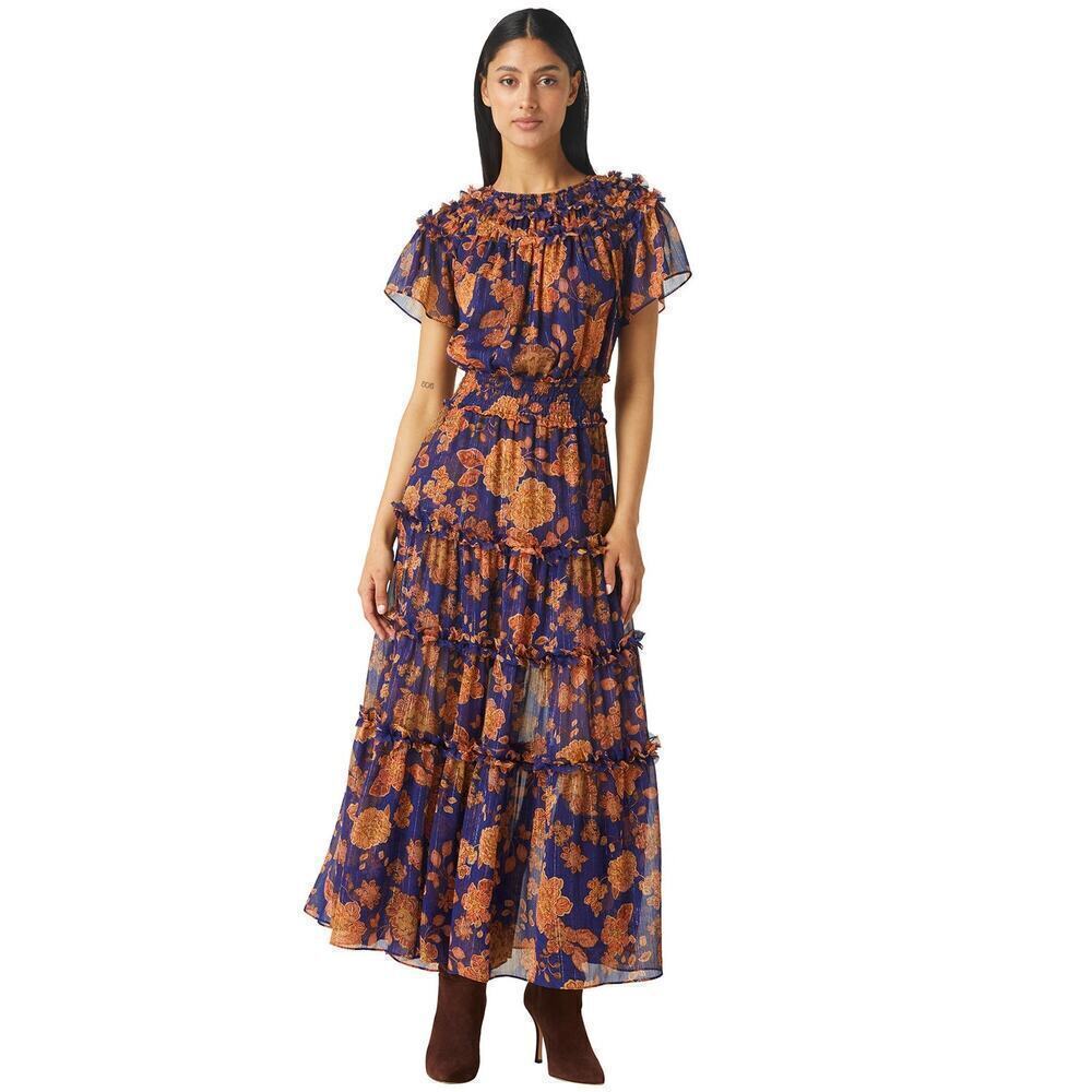 Misa Chiffon Suki Ruffle Maxi Dress Blue Marigold Flora Size XS NWT